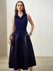 MOTF PREMIUM WOMEN'S HIGH-END SATIN TAFFETA COMMUTER TURNDOWN COLLAR SLEEVELESS TIE-UP COLLECTED BLUE MID-LENGTH DRESS - Royal Blue - View 1