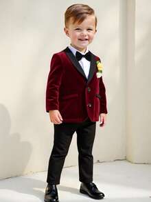 2pcs/Set Young Boy Young Boy Green Velvet Blazer Jacket & Black Pants Outfit, Gentleman Suit, Suitable For Indoor, Outdoor, Daily, Sports, Play, Party, Photo Shoot, Wedding, Christening, Elegant, Wedding Guest, Pageboy, Ring Boy, Wedding, Festival, Halloween, Christmas, New Year In Spring/Summer/Autumn/Winter - Burgundy - View 1