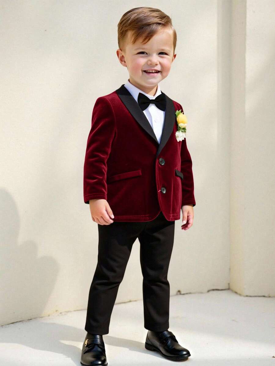 2pcs/Set Young Boy Young Boy Green Velvet Blazer Jacket & Black Pants Outfit, Gentleman Suit, Suitable For Indoor, Outdoor, Daily, Sports, Play, Party, Photo Shoot, Wedding, Christening, Elegant, Wedding Guest, Pageboy, Ring Boy, Wedding, Festival, Halloween, Christmas, New Year In Spring/Summer/Autumn/Winter - Burgundy - View 1