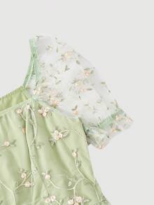 Skyraze 女款鼠尾草綠刺繡泡泡袖網紗中長洋裝，端莊復古宮廷風鄉村風波希米亞風，適合夏季野餐派對婚禮 - 綠色 - 查看 5