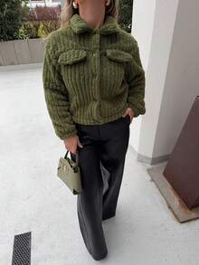 Jeta Ari Chaqueta casual de manga larga, de un solo botonadura, de color liso y esponjosa, para mujer, apta para otoño/invierno - Verde militar - Ver 3