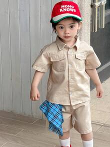DAZY Baby Boy Front Button Collar Casual Shirt + Shorts T-Shirt Set Summer - Apricot - View 4