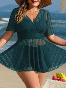 Swim Lushoire 大码女式两件套纯色网纱半身裙休闲沙滩度假比基尼泳衣套装 - 墨綠色 - 查看 6