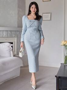 DAZY Đầm midi nữ thanh lịch cổ vuông có túi tay phồng thắt nơ, thích hợp cho dự tiệc cưới mùa xuân/hè. - Màu xanh nhạt - Xem 5