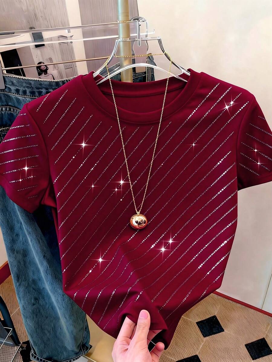 Resyla Camiseta de cuello redondo de manga corta minimalista para mujer con adornos de rhinestones brillantes, regalo para amigos - Burdeos - Ver 1