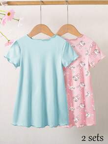 2pcs Young Girls Cartoon Rabbit Print Knit Round Neck Short Sleeve Dress & Pajama Set - Multicolor - View 2