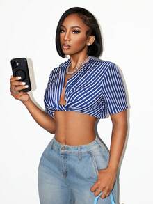BamGleam 女士性感沙滩度假条纹印花扭结短袖露脐上衣，夏季 - 藍色 - 查看 1