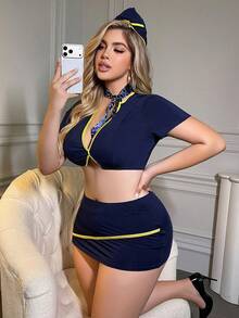4 piezas Disfraz de azafata sexy de talla grande, diseño encantador y juguetón de patchwork, estilizador, adecuado para bar, fiesta, festival de música, juego de roles íntimo - Azul Marino - Ver 5