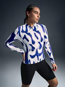 Powerista 女士棒球领拉链字母印花长袖夹克，休闲户外骑行服 - 藍白色 - 查看 3