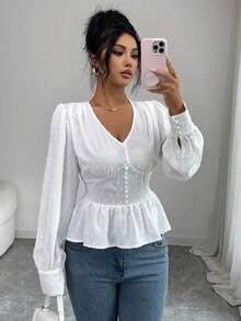 Selianne Áo kiểu nữ thanh lịch màu trắng, cổ chữ V khoét eo, tay phồng, dáng xòe, thích hợp cho mùa xuân/hè. - trắng - Xem 5