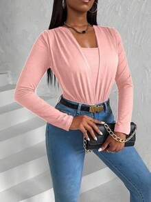 BamGleam Áo liền thân thời trang tay dài 2 trong 1 xếp ly ngực dành cho nữ mùa xuân hè - Hồng - Xem 4