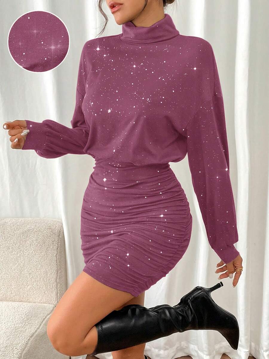 SHEIN Frenchy 女士优雅水钻装饰高领灯笼袖褶皱修身迷你连衣裙，秋季 - 酒紅色 - 查看 1