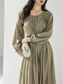 Heiryn 女士优雅纯色褶皱灯笼袖连衣裙，秋季 - 橄欖綠 - 查看 2