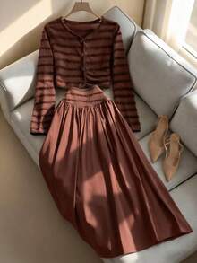 Franclia 秋冬提花拼接缎带长袖上衣和两件套褶皱中长裙休闲套装 - 棕色 - 查看 11