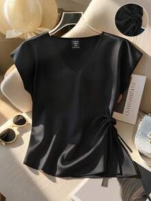 GlowEve CURVE Plus Drawstring Side Batwing Sleeve Blouse - Black - View 1