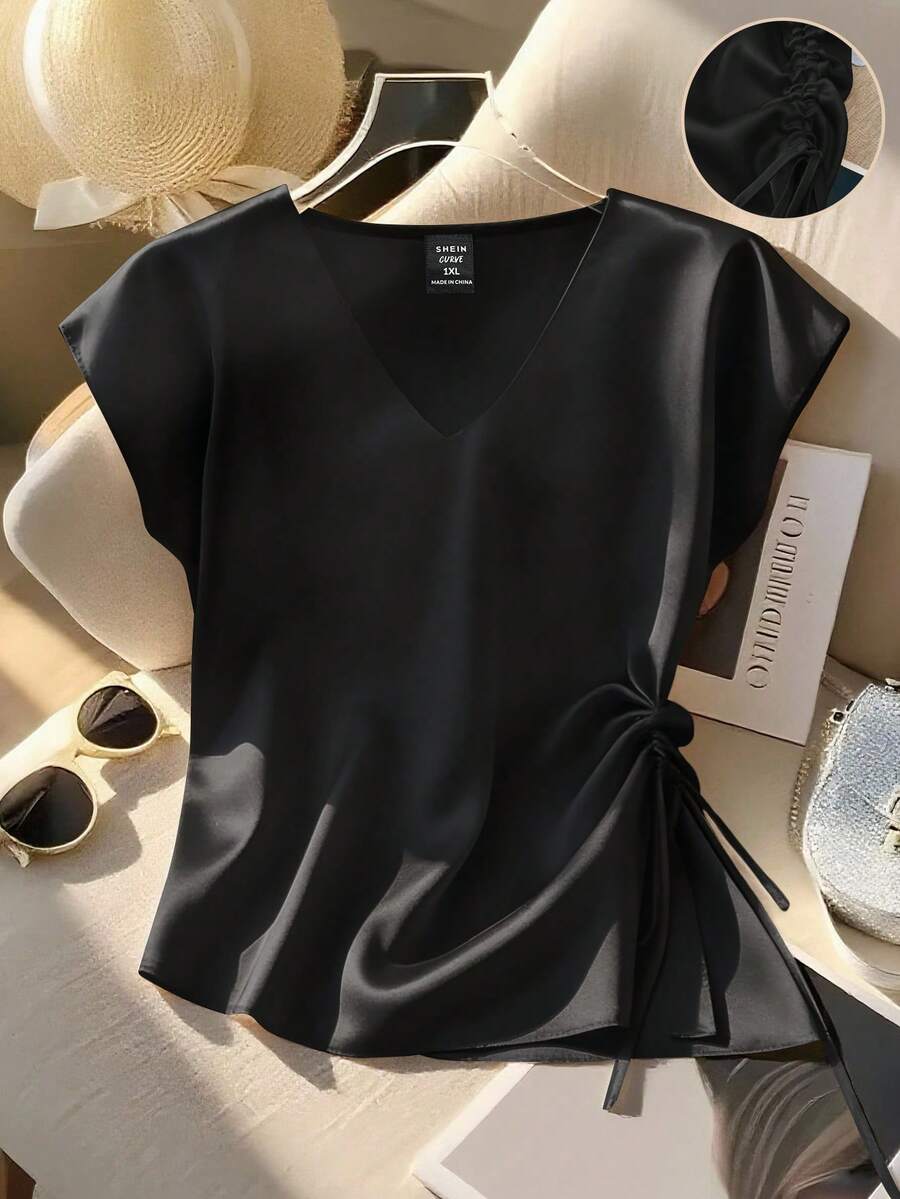 GlowEve CURVE Plus Drawstring Side Batwing Sleeve Blouse - Black - View 1