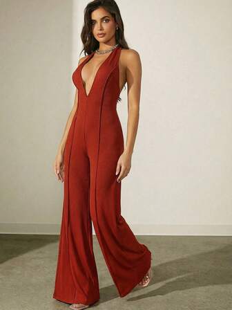 Denimoi Jumpsuit med halterneck och ribbstickad söm