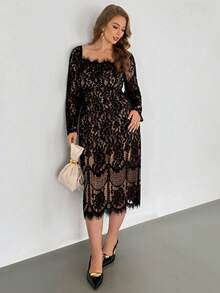 Auralis Plus Size Women's Lace Contrast Square Neck Long Sleeve Floral Dress,Elegant,Formal,Wedding Guest,Beige,Autumn,Eyelash Trim Fitted Waist Midi Dress - Multicolor - View 6