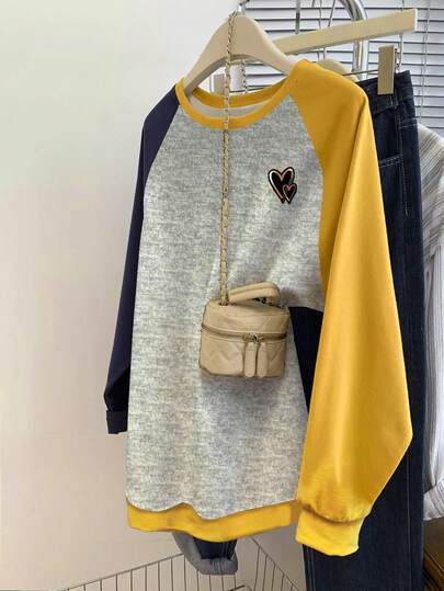 Resyla Popular Raglan Splice Colorblock Yellow Blue Gray Smiling Face Round Neck Sweatshirt For Plus Size Women