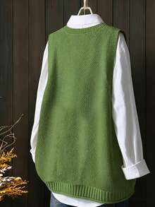 EMERY ROSE 2026 Plus Size Women's Fashionable Casual Minimalist Versatile V-Neck Green Button Twist Knit Cardigan Perfect For Everyday Wear - Green - View 2