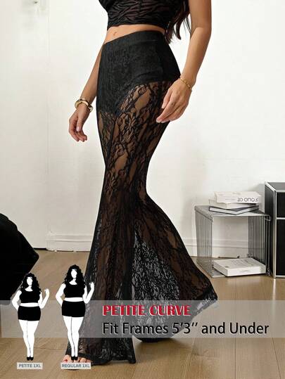 SHEIN PETITE CURVE Plus Size Fashionable Sexy Solid Color Sheer Lace Flare Pants, Summer