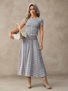 WESTFADE Embroidered Plaid Smocked Waist Convertible Midi Skirt And Skirt