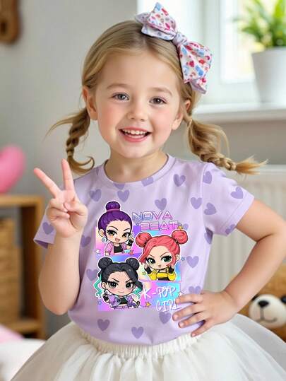 Cozy Summer Styles Infant & Toddler Girls' Casual Fashion Creative Personalized Fresh Minimalist Cool Virtual Girl Group Cartoon Character Colorful Pentagram Purple Heart Graphic Letter Slogan Print Relaxed Basic Short T-Shirt, Comfortable Daily Wear, Suitable For Spring & Summer Toddler Tshirts Girl Toddler Girl Clothes Cartoon Toddler Girl Graphic Tee K-Pop Girl Shirt Purple Baby Graphic T