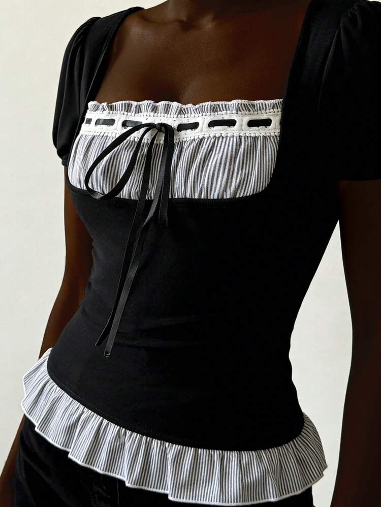 Women's T-Shirt With Lace-Up, Striped, Waist Cinching, Puff Sleeves Summer Babydoll Top