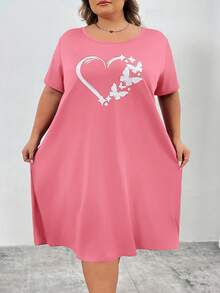 SHEIN CURVE+ Curve Plus Red Heart-Shaped Printed Long Dress, Valentine's Day - Pink - View 6