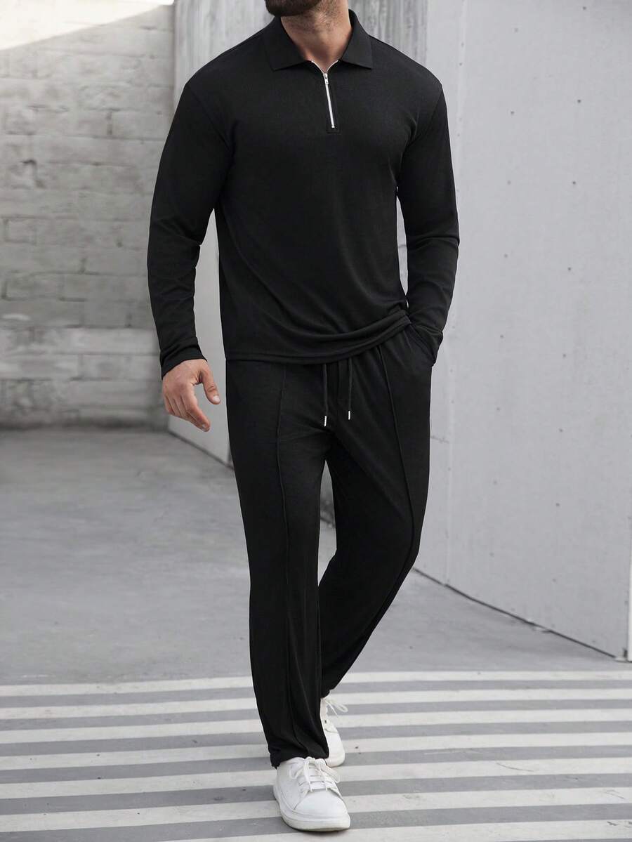 Manfinity Homme Bộ đồ nam gồm áo polo dài tay màu trơn và quần ống rộng có dây rút. - màu đen - Xem 1