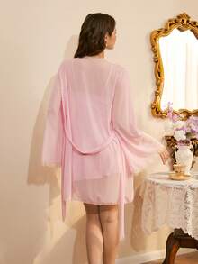 French Romantic Elegant Satin, Mesh & Lace Patchwork Women Robe & Pajama Set - Pink - View 2