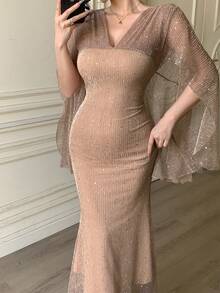 DAZY Robe mi-longue élégante et slim pour le travail, avec volants en maille transparente et manches évasées. Convient pour un mariage, la Saint-Valentin ou une robe d'été. - Nude - Voir 6