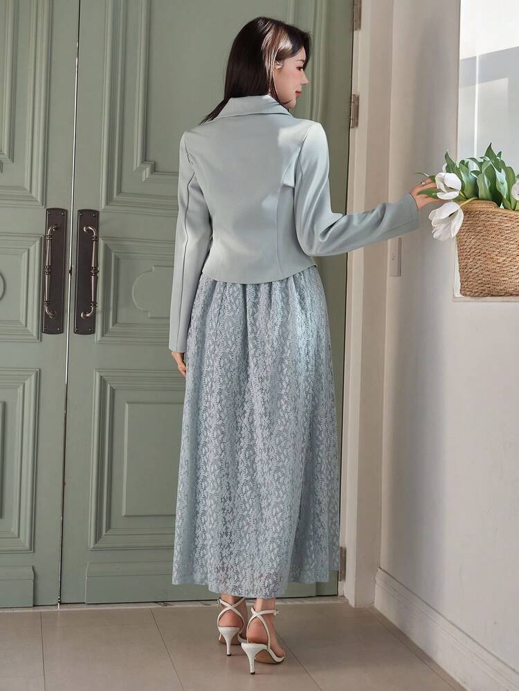 Spring/Summer Elegant Lace Blouse And Skirt Set, Romantic, Wedding, Casual, Work Outfit For Women