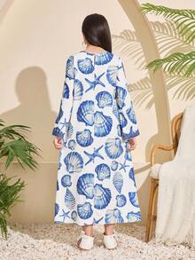 SHEIN Tween Girls' Casual Middle Eastern Arabic Style Seashell Print Robe, Vacation Vibe - Blue - View 7