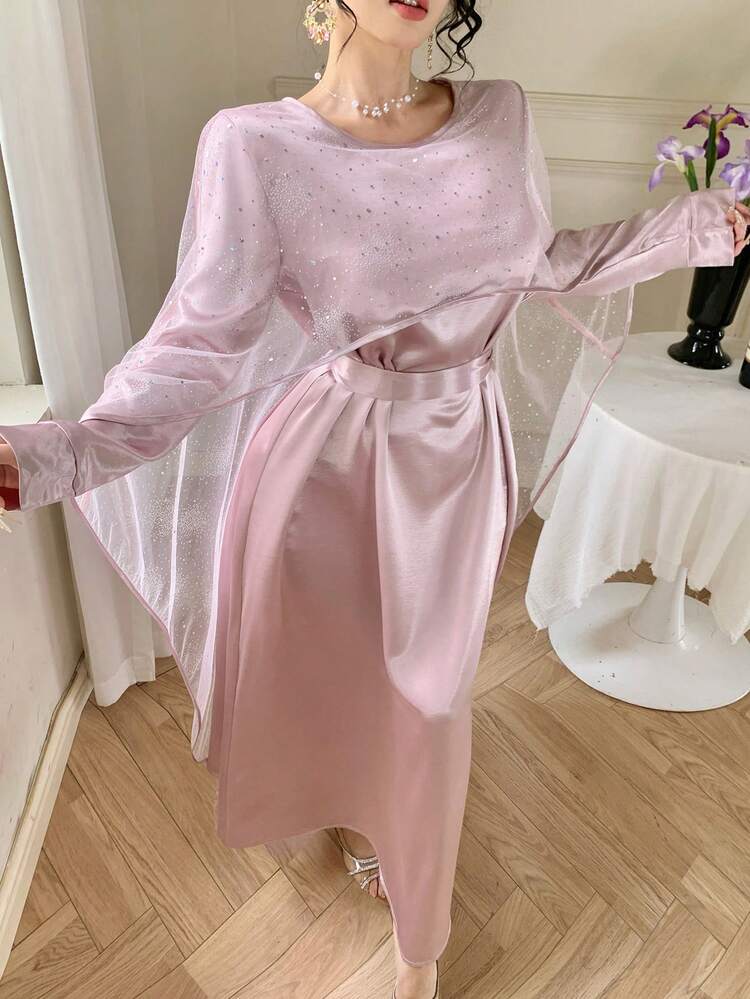 Spring & Summer Rhinestone Shawl Collar 2 In 1 Elegant Party Dress, Formal Gown For Wedding, Prom, Cocktail, Slim Fit With Belt, Pink, Mid-Length Dress Sundress