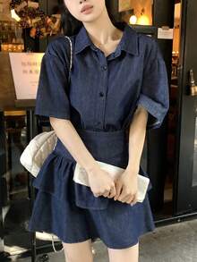 DAZY 女士复古水洗翻领休闲衬衫和牛仔裙两件套 - 藍色 - 查看 5