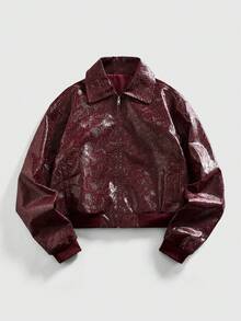 ROMWE MEN Street Life Men's Leather Jacket With Textured Zipper, Fashionable Casual Long Sleeve Outerwear - Burgundy - View 5