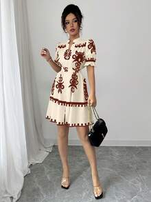 Elenzga Đầm nữ kiểu dáng thường ngày in hoa, cổ chữ V, thắt eo. - Màu Đỏ Sâu - Xem 5