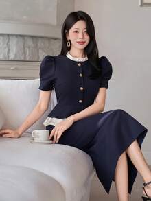 DAZY 女士优雅撞色拼接荷叶边立领衬衫和直筒裙两件套，夏季 - 藏蓝色 - 查看 7