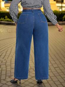 Slaydiva Plus Size Women Elastic Denim Jeans, Multi-Pocket Design, Casual Fitted Straight Leg Pants, Cowboy For Women - Dark Wash - View 2