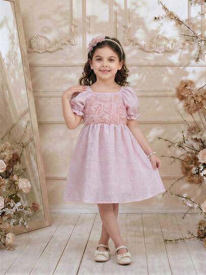 Young Girls' Sweet Princess Style Pink Dress, Soft Fabric With Draping Effect, Decorated With Floral Applique On Collar And Chest, Puff Sleeves, Loose And Flowy Skirt, Lightweight For Spring/Summer, Suitable For Birthday Party, Princess-Themed Events, Banquets