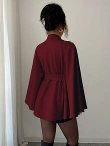 Elenzga Women's Fashionable Elegant Solid Color Asymmetrical Metal Buckle Jacket, Christmas - Burgundy - View 2