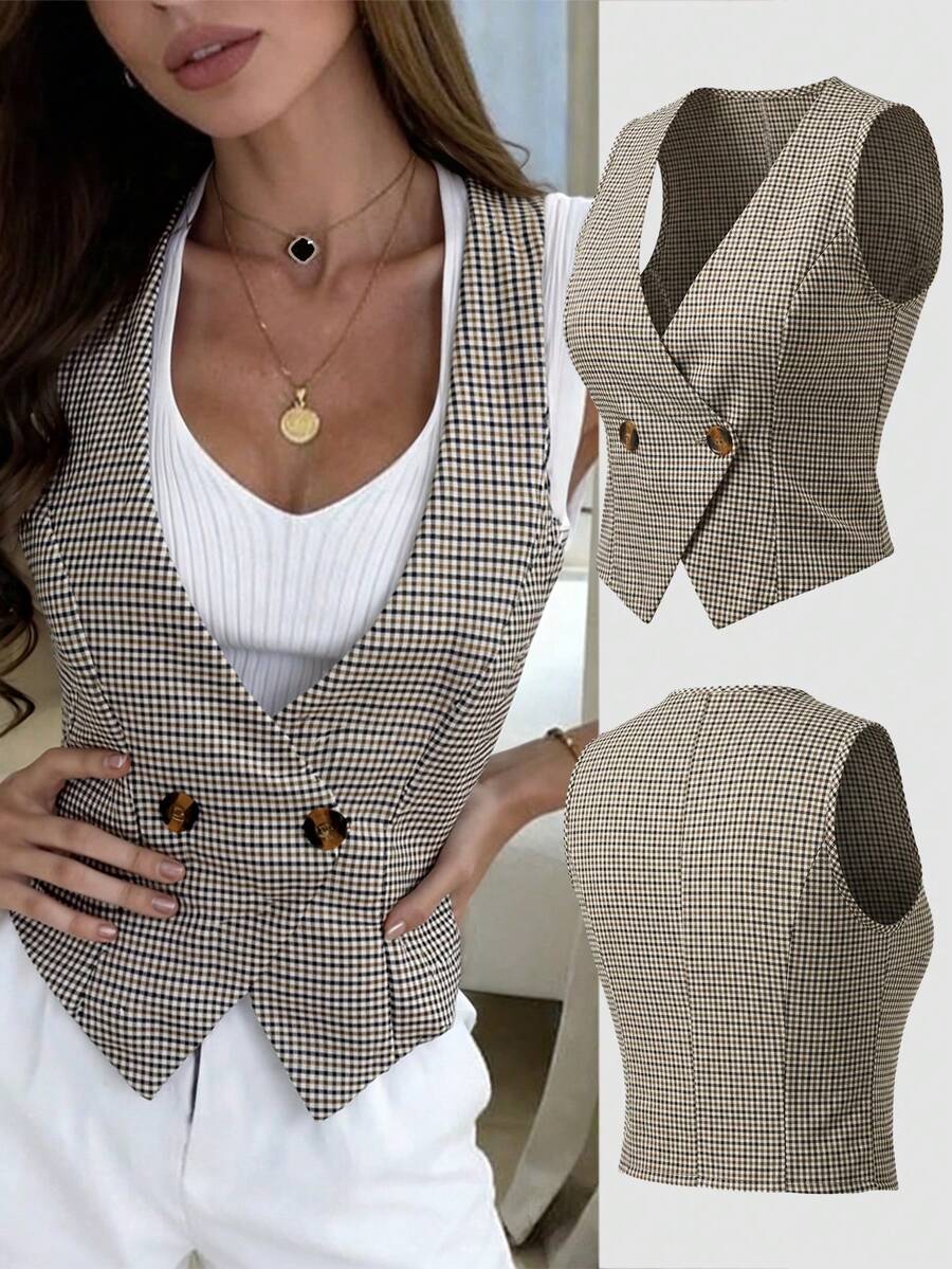 Pariaura Women's Plaid Double-Breasted Casual Lightweight Vest - Multicolor - View 1