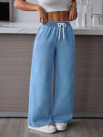 SHEIN PETITE Women's Casual Everyday Commute Versatile Drawstring Waist Loose Wide Leg Jeans Women Wide Leg Pants Wide Leg Summer Pants Wide Leg Sweatpants Beach Pants For Women Women Linen Pants