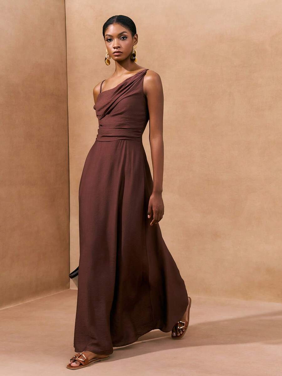Zivah 2025 Spring New Arrival Asymmetric Ruched Maxi Dress For Vacation ,Summer Dress - Coffee Brown - View 1