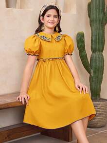 Vestido para niña preadolescente primavera/verano casual vacaciones exquisito bordado floral & plantas cuello plisado manga corta abullonada línea A tejido unicolor amarillo NIÑOS - Amarillo - Ver 4