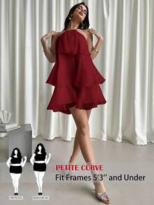 SHEIN PETITE CURVE 大码女士性感露背系带荷叶边纯色度假派对连衣裙 - 酒紅色 - 查看 1