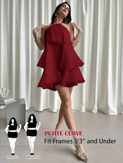 SHEIN PETITE CURVE 大码女士性感露背系带荷叶边纯色度假派对连衣裙