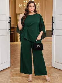 Reflora Bộ trang phục thường ngày dành cho nữ cỡ lớn, màu trơn, cổ tròn, tay bồng, dáng xòe, kết hợp với quần ống rộng. - màu xanh lá - Xem 6