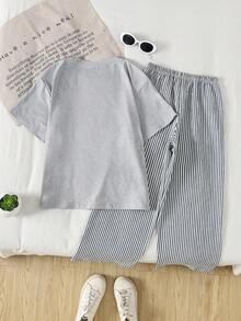 Tween-Mädchen Lässig Set aus Guave-Muster Rundhals Kurzarm T-Shirt und gestreifter Hose, Sommer - Hellgrau - Übersicht 2